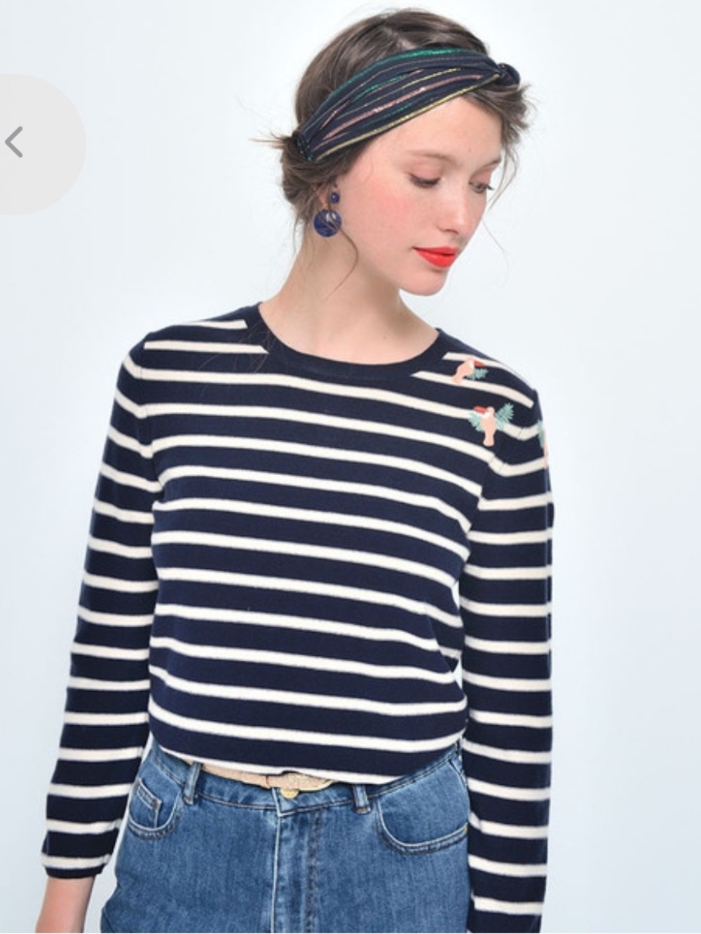 Des Petits Hauts Blondie Striped Pullover- Embroidered Birds